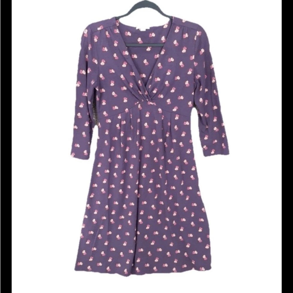 Garnet Hill Dress XS Purple Pink Floral V-Neck A-Line Knit Baby Doll fairy